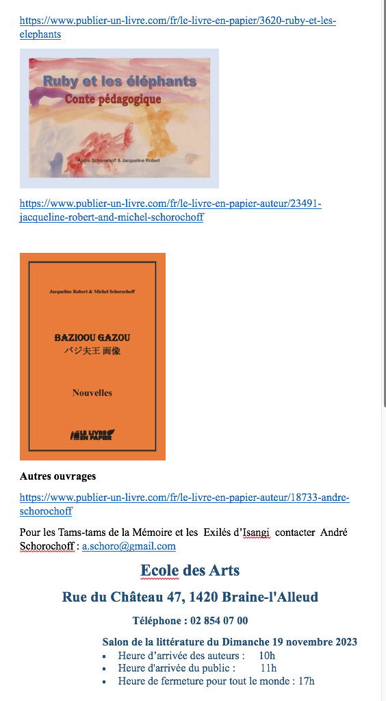 Page Internet. Braine-l|Alleud. Publier un livre. André Schorochoff et Jacqueline Robert. 2023-11-19